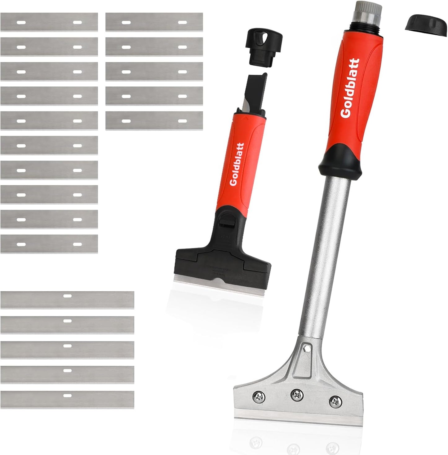 Goldblatt 2 Pieces Glass Scraper Set with 20-piece Blades - 4 Inch Industrial Floor Scraper Tool with Long-Handle, Heavy Duty Razor Holder for Cleaning Caulk, Paint, Glue on Glass, Tiles, Walls