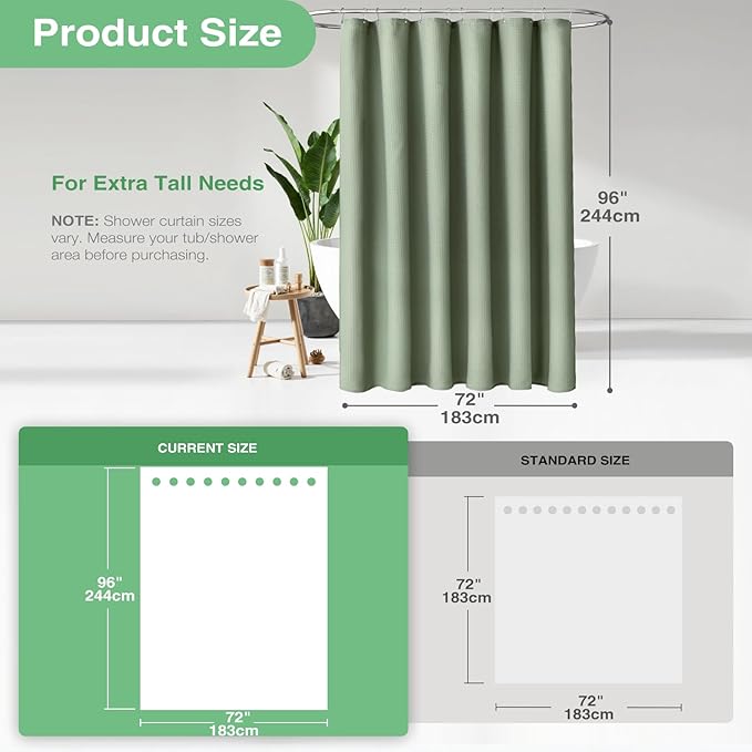 Dynamene Fabric Shower Curtain, Waffle Textured Heavy Duty Shower Curtains for Bathroom, 256GSM Luxury Weighted Cloth Shower Curtain Set with Plastic Hooks, 72" W x 96" L (Pack of 1), A. Sage Green
