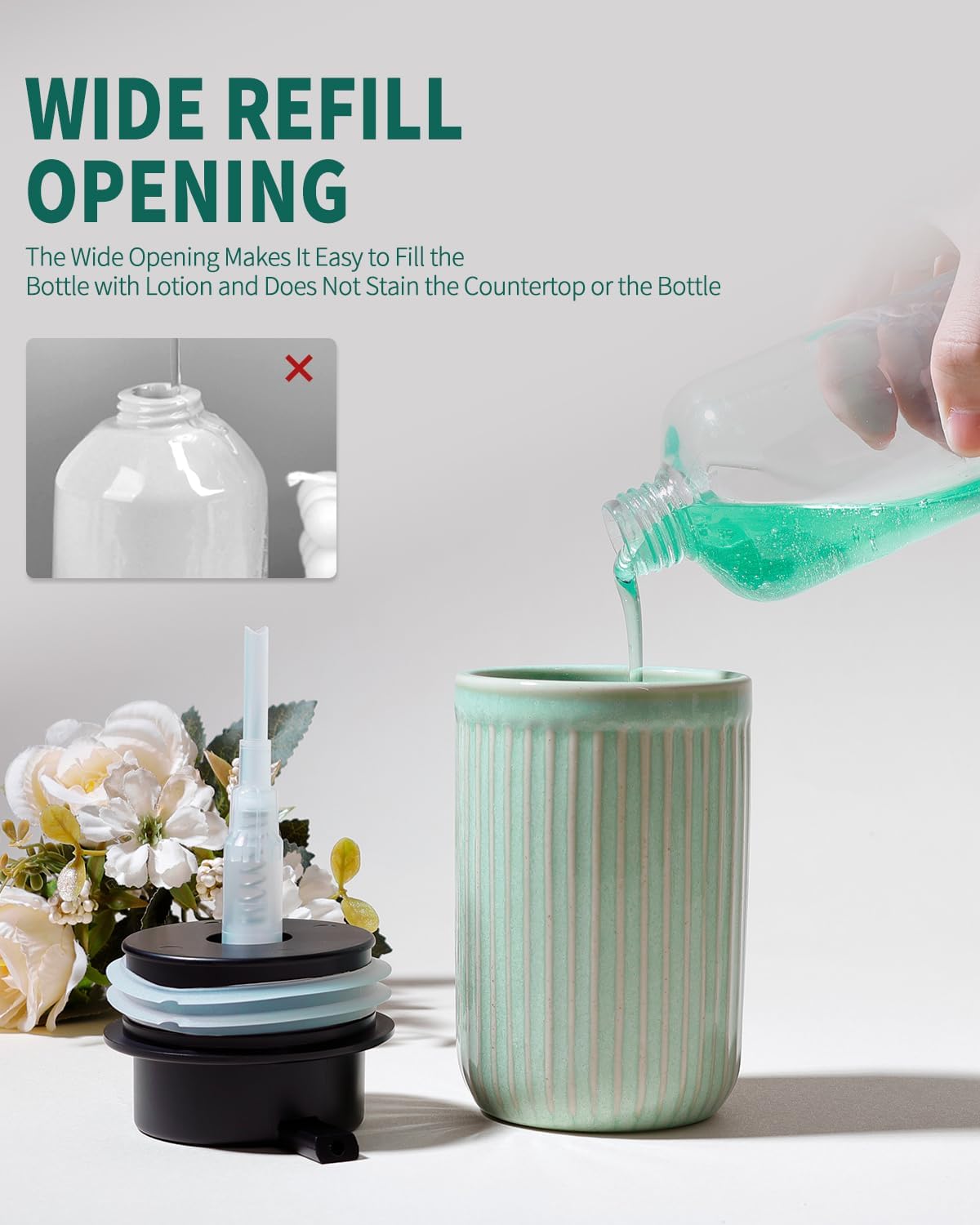 BosilunLife Dish Hand Soap Dispenser - Liquid Pump Soap Dispenser for Bathroom Deco Light Green 12oz Ceramic Kitchen Dish Dispenser with Rust-Proof Liquid Pump Modern Refillable Lotion Bottles
