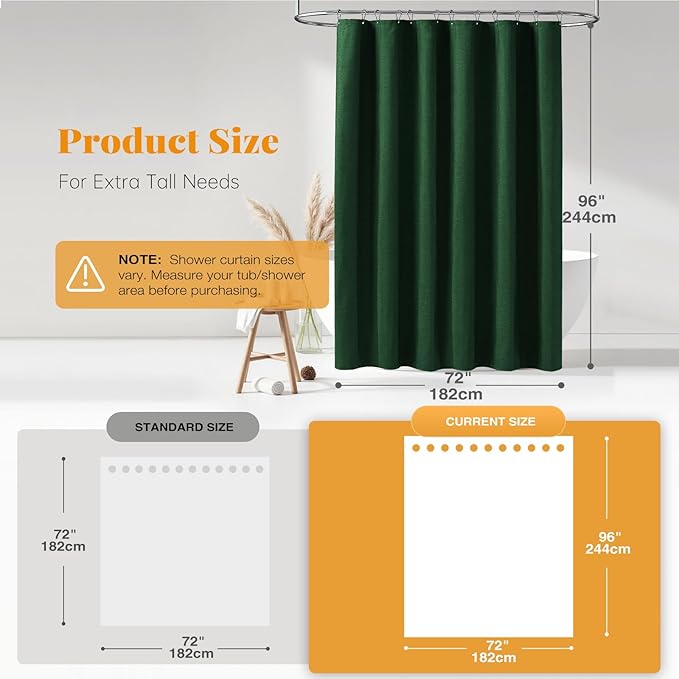 BTTN Extra Long Fabric Shower Curtain, 96 Inch Linen Textured Heavy Duty Cloth Shower Curtain Set with 12 Plastic Hook, Large Hotel Luxury Polyester Shower Curtain for Bathroom, 72x96, Emerald Green