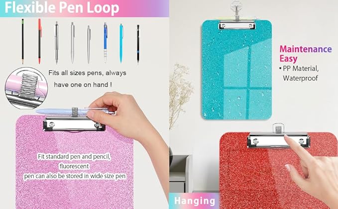 Sparkly Clipboard with Pen Holder, Clear Plastic Glitter Clip Board, Hanging Shiny Clipboards with Low Profile Metal Clip, Letter A4 Size for Taecher Women Office School (Dark Purple)