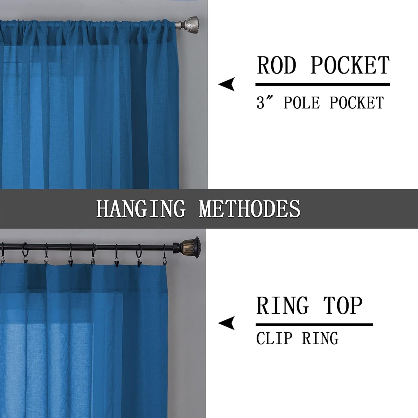 Tollpiz Sheer Curtains Linen Textured Living Room Curtain Sheers Light Filtering Rod Pocket Voile Curtains for Bedroom, 42 x 63 inches Long, Classic Blue, Set of 2 Panels