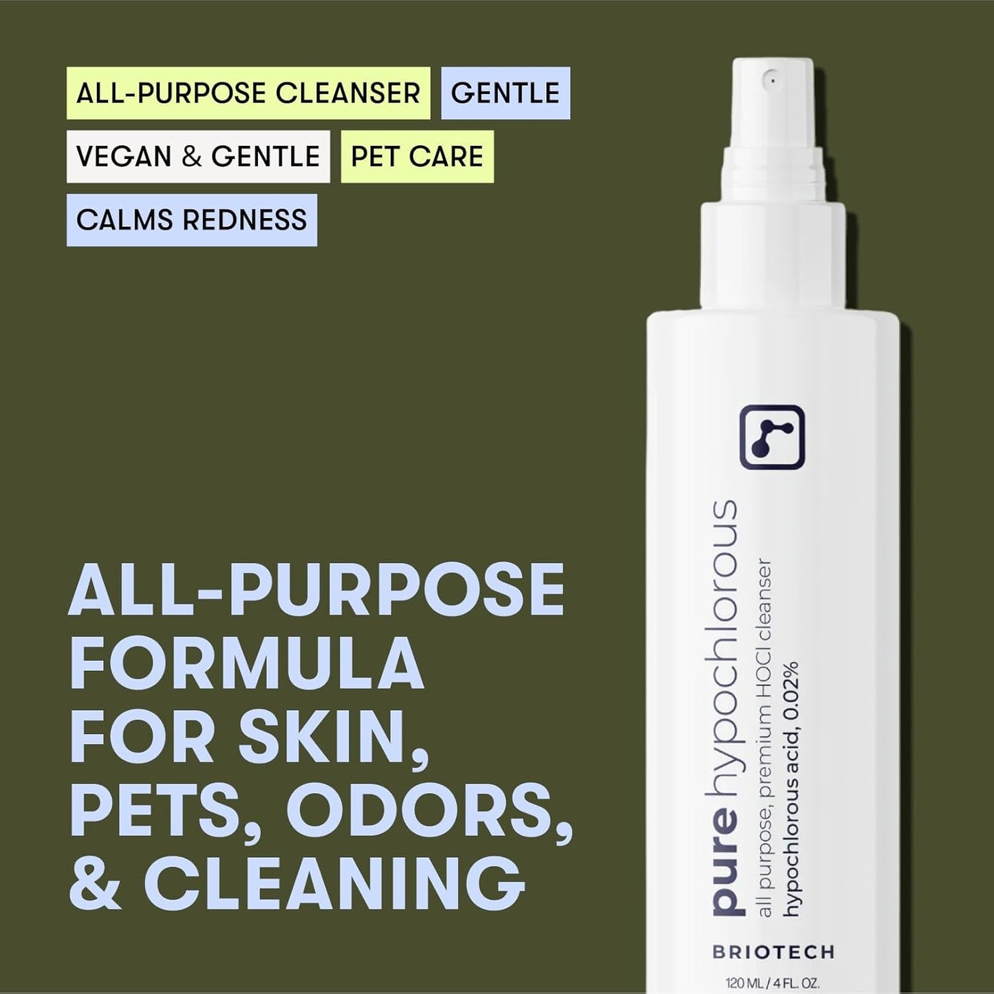 BRIOTECH Pure Hypochlorous Acid Spray and Cleanser, Original Premium HOCl Topical Solution, Multi-Purpose Cleaner, Family Approved & Pet Friendly, 4 fl oz
