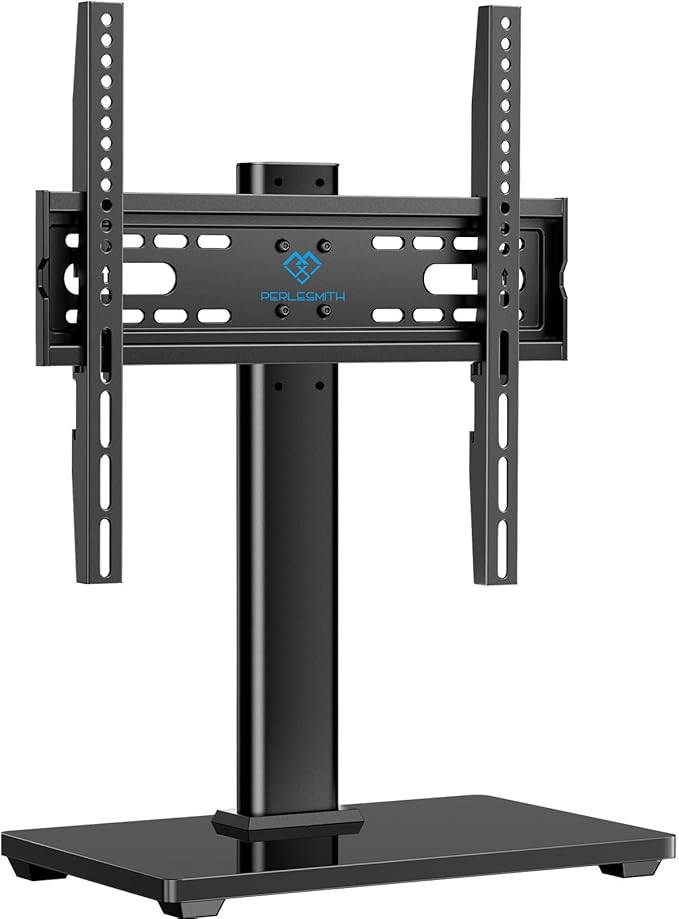 PERLESMITH Universal TV Stand, Table Top TV Stand for 32-60 inch TVs & Monitors, Height Adjustable TV Mount Stand Holds up to 88 lbs with Tempered Glass Base & Wire Management, VESA 400x400mm PSTVS04