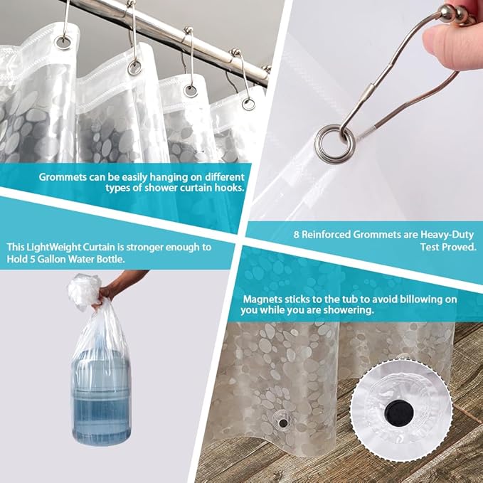 Ga-Geetopia Narrow Size EVA Clear Shower Curtain Liner, Pebble Pattern 48x72 Inch Lightweight Plastic Bathroom Shower Showroom Inner Curtain with Rustproof Metal Grommets and Weighted Magnets