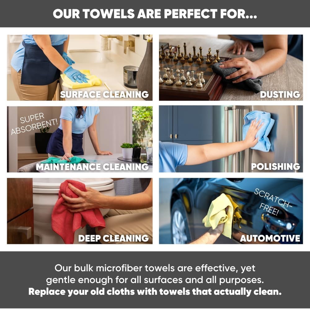 Microfiber Wholesale Bulk 16" x 16" All Purpose Towels Case Quantity (200 Count) | Large | No Fraying | High Density Microfiber | Zero Chemical Cleaner | Long-Lasting (White)