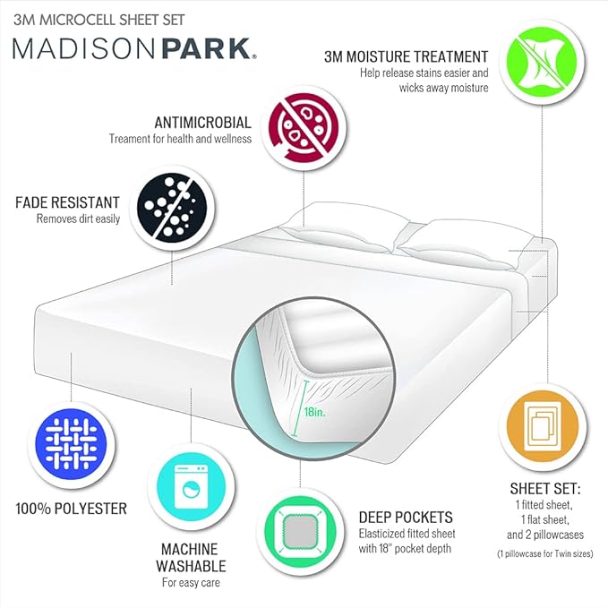 Madison Park 3M Microcell Bed Sheet Set Color Fast, Wrinkle and Stain Resistant, Soft Sheets with 16" Deep Pocket All Season, Cozy Bedding-Set, Matching Pillow Case, Cal King, Blush, 4 Piece