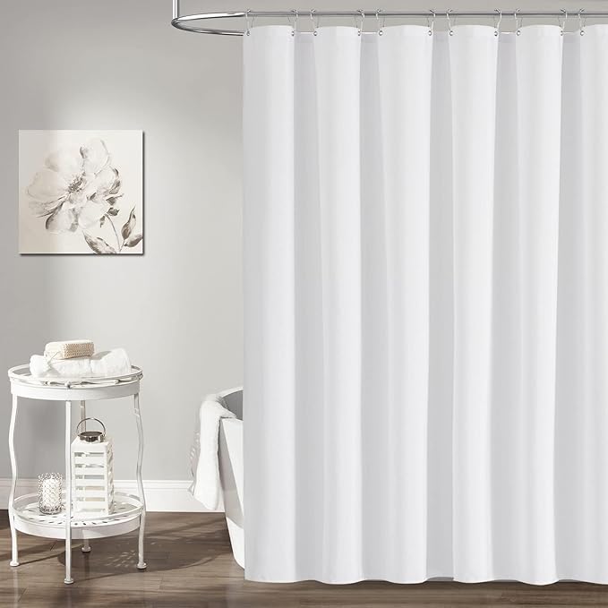 BTTN Fabric Shower Curtain, Linen Textured Heavy Duty Polyester Cloth Shower Curtain Set with Plastic Hooks, White, 60" W x 84" L (Pack of 1)