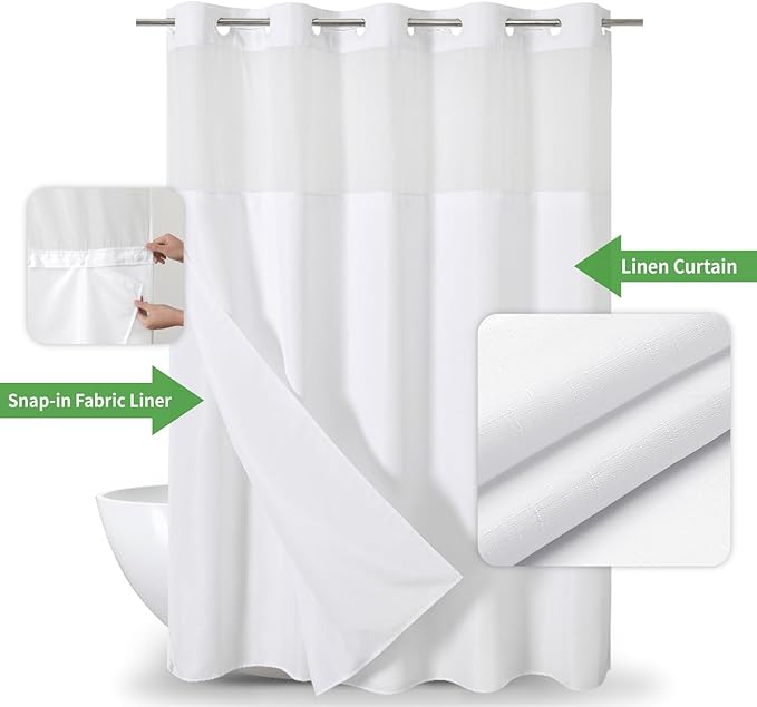Extra Long No Hooks Needed Linen Textured Shower Curtain with Snap-in Fabric Liner Set,White Hotel Luxury Decor Shower Curtains for Bathroom,Waterproof & Washable,71Wx92H