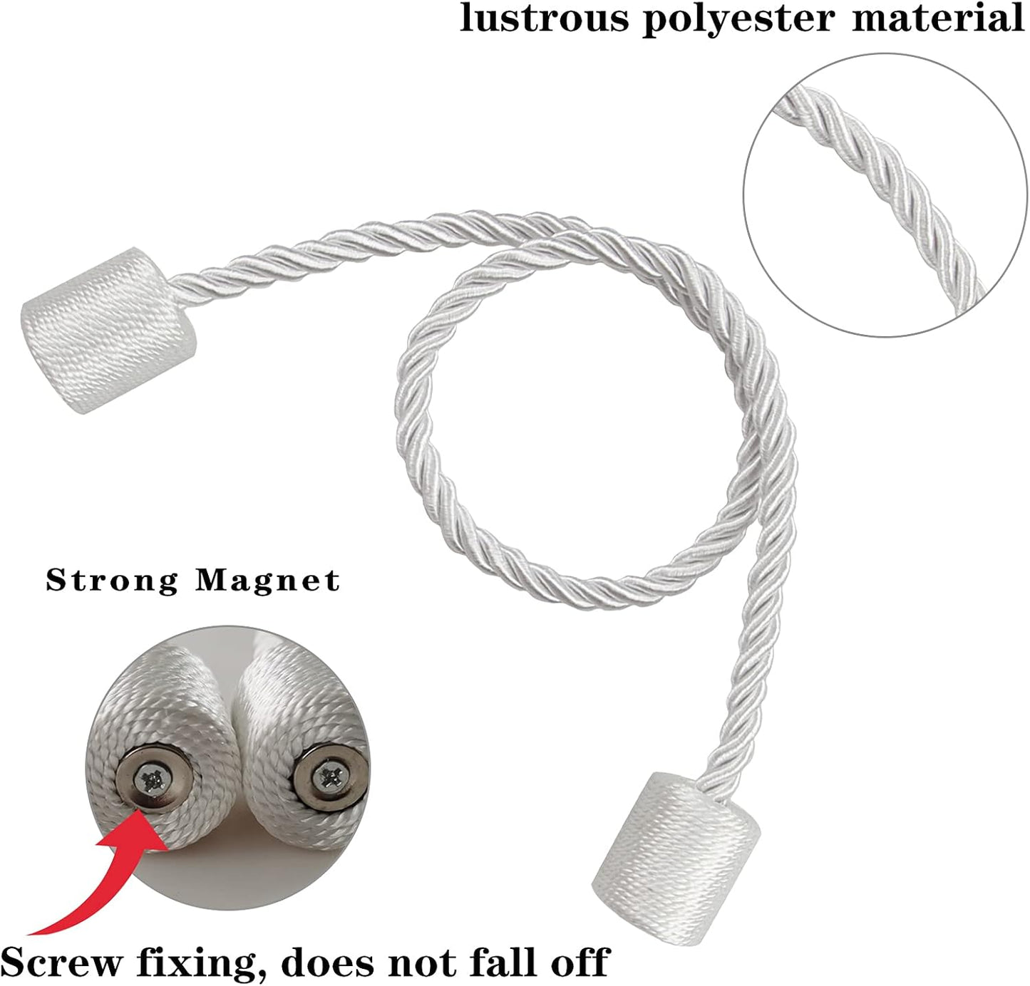 6 Pack White Strong Magnetic Curtain Tiebacks Outdoor Elegant Decorative Tie Backs Modern Rope Tiebacks for Drapes Window Curtain Holdbacks for Draperies