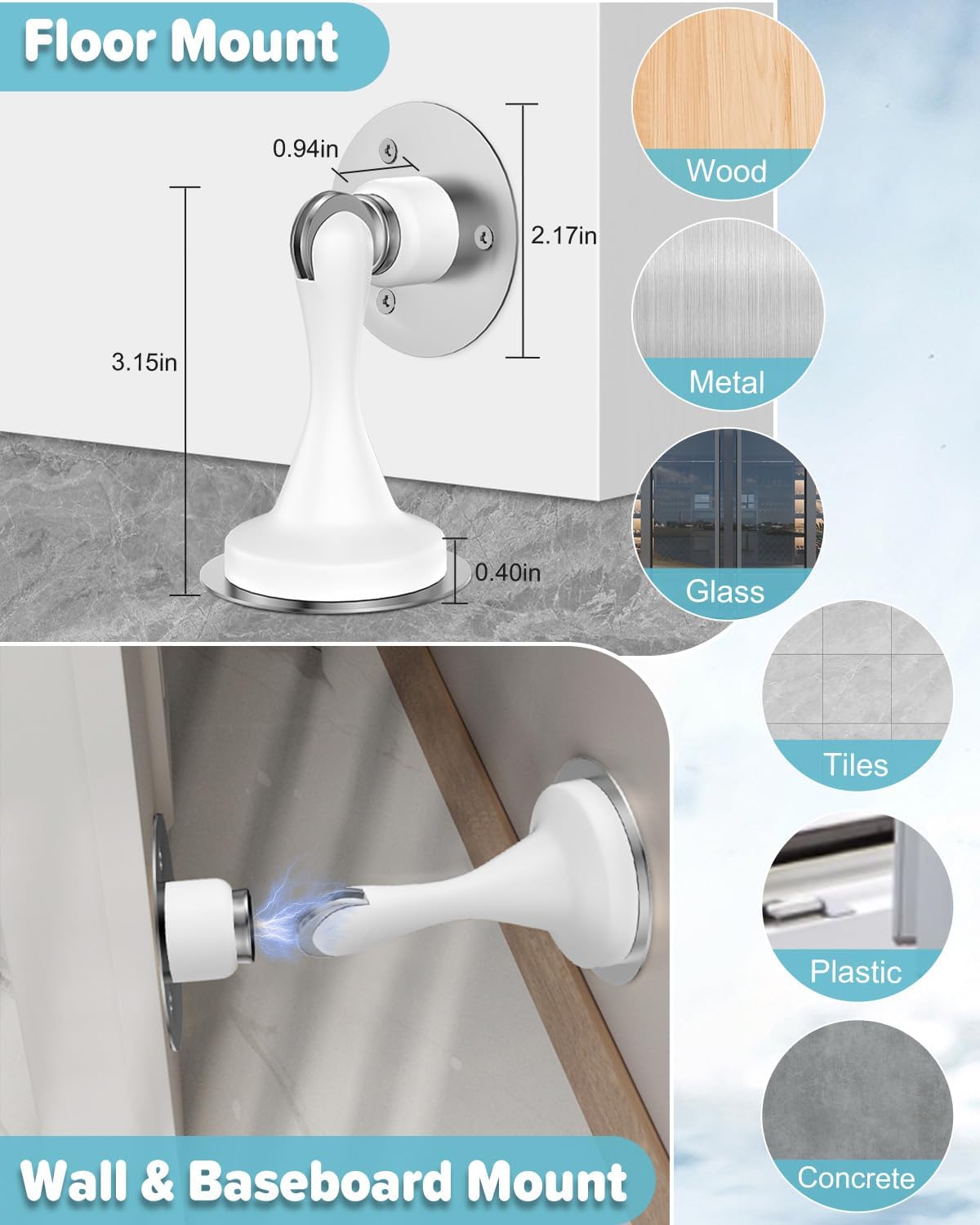 Magnetic Door Stoppers Door Catch - 1 Pack Stainless Steel Heavy Duty Door Stops for Bottom of Door, Wall & Floor Mounting No-Drill Strong Adhesive & Screws, Strong Door Holder to Keep Door Open