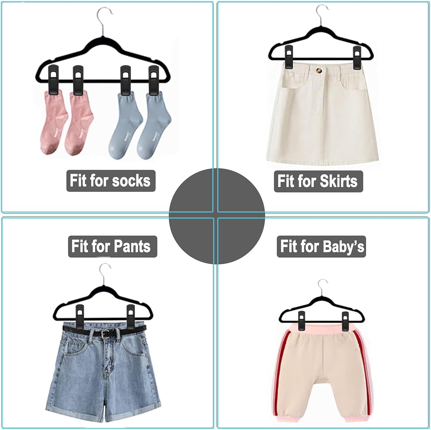 Hanger Clips Perfect for Velvet Hangers (Black, 40 PCS), Non-Slip Plastic Clips Pant Skirt Hanger Clips for Black Flocking Hangers