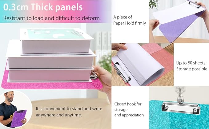 Sparkly Clipboard with Pen Holder, Clear Plastic Glitter Clip Board, Hanging Shiny Clipboards with Low Profile Metal Clip, Letter A4 Size for Taecher Women Office School (Dark Purple)