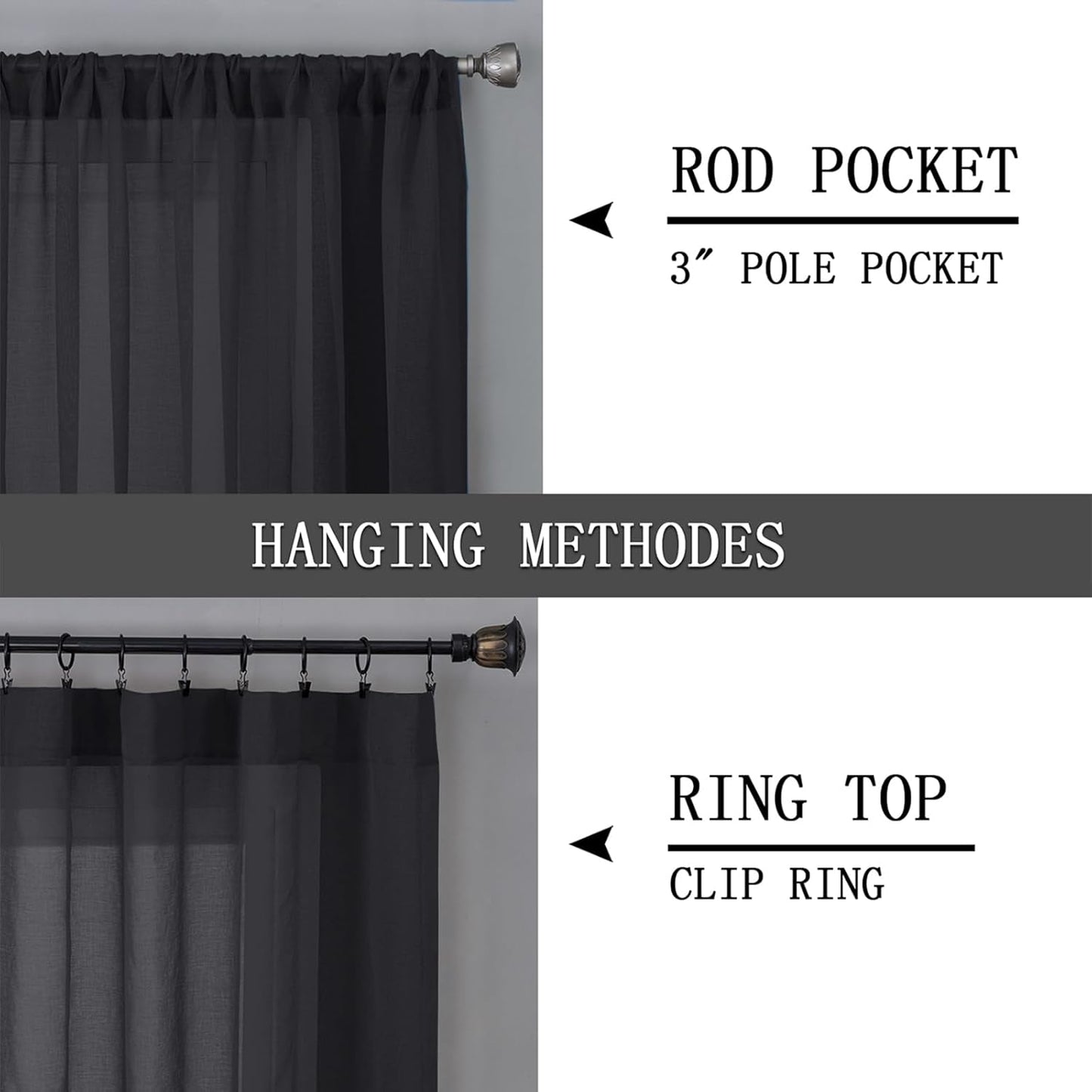 Tollpiz Sheer Curtains Bedroom Linen Textured Curtain Sheers Light Filtering Voile Rod Pocket Curtains for Living Room, 38 x 84 inches Long, Black, Set of 2 Panels