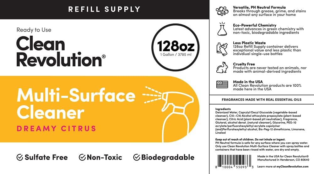 Clean Revolution Multi Surface Cleaner Refill Supply, Non-Toxic, Eco-Friendly & Plant-Based, Ready to Use, Dreamy Citrus, 128 Fl Oz (1 Gallon)