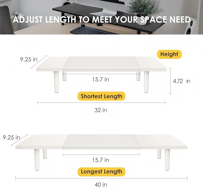 Dual-Monitor-Stand-Riser-For-Desk Adjustable Length 32-40 Inch，Large Desktop Computer Monitor Riser For 2 Screens，Desk Shelf Organizer Riser Stand For Computer/Laptop/PC/Printer/TV White