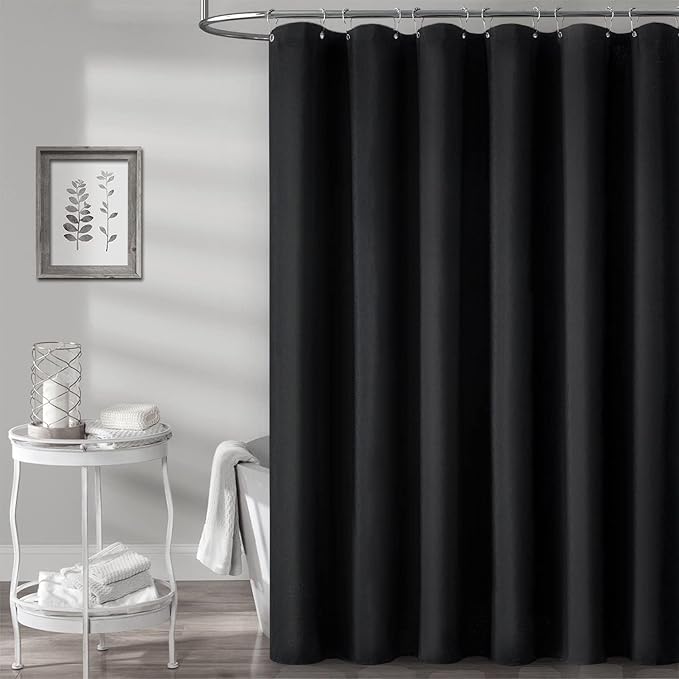 BTTN Stall Fabric Shower Curtain - 54x72 Inch Long Linen Textured Heavy Duty Cloth Shower Curtain Set with 10 Plastic Hooks, Hotel Spa Weighted Waterproof Neutral Bath Curtains for Bathroom - Black