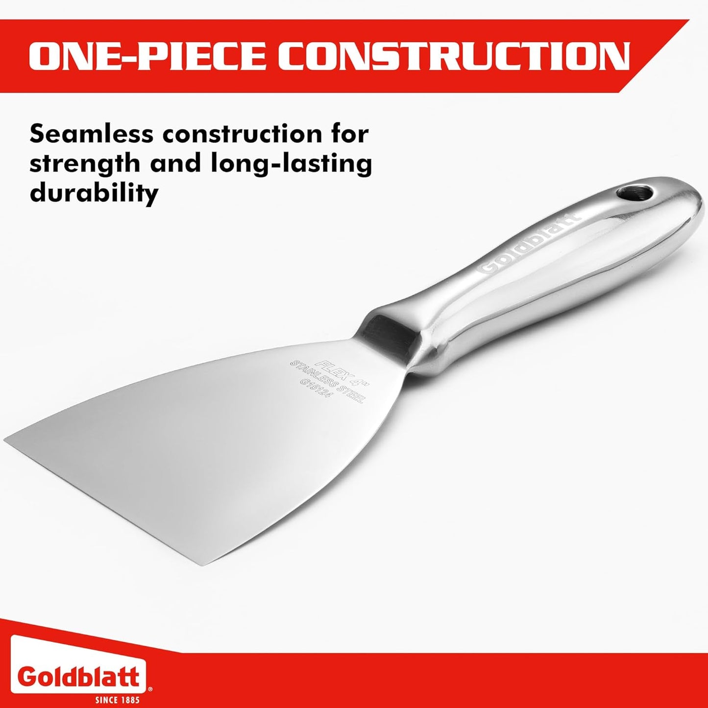 Goldblatt 4" Putty Knife, One-Piece Paint Scraper Tool, All Stainless Steel Joint Knife with Flexible Blade, Seamless Design, Metal Ergonomic Handle - for Drywall Repairing, Finishing and Scraping