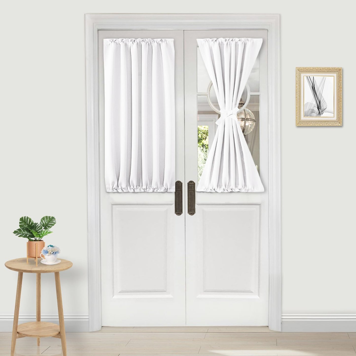 DWCN French Door Curtains – Rod Pocket Thermal Curtain for Doors with Glass Window, Kitchen and Patio Doors for Privacy, 25 X 40 Inches Long, 1 Curtain Panel with Tieback, Pure White