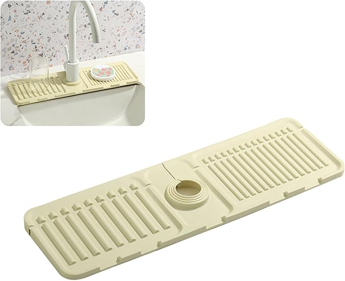 Faucet Mat for Kitchen Sink - 2024 Upgraded Premium Silicone Splash Guard with Fast Drying Properties - Protective Sink Tray Ideal for Stone Sinks in Kitchen & Bathroom (2, Beige)