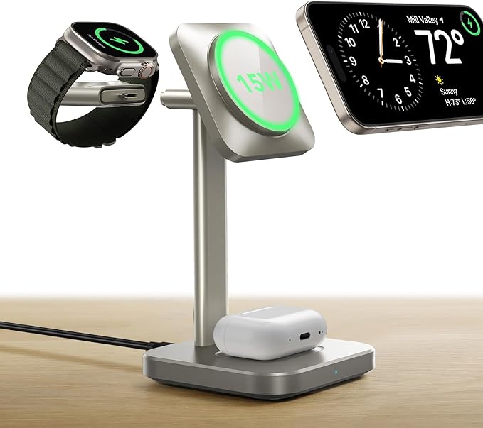 ESR for 3 in 1 Wireless Charging Station, Certified Apple Watch Charger, 15W MagSafe Charger Stand, Wireless Charger for Multiple Devices iPhone 17/16/15/14/13, Watch, AirPods, Natural Titanium