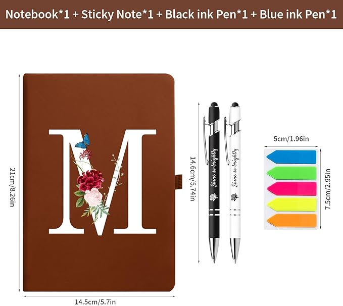 Premium Hardcover Executive Notebook and Pen Set - A5 Journal Notebook 192 Line Pages, 2 Smooth-Writing Ballpoint Pens, Arrow Sticky Notes - For Office & School Supplies Letter A Floral Design Brown