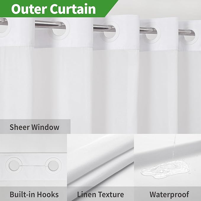 Stall No Hooks Needed Linen Textured Shower Curtain with Snap-in Fabric Liner Set,Hotel Luxury Decor Shower Curtains for Bathroom,Waterproof & Washable,48Wx74H,White