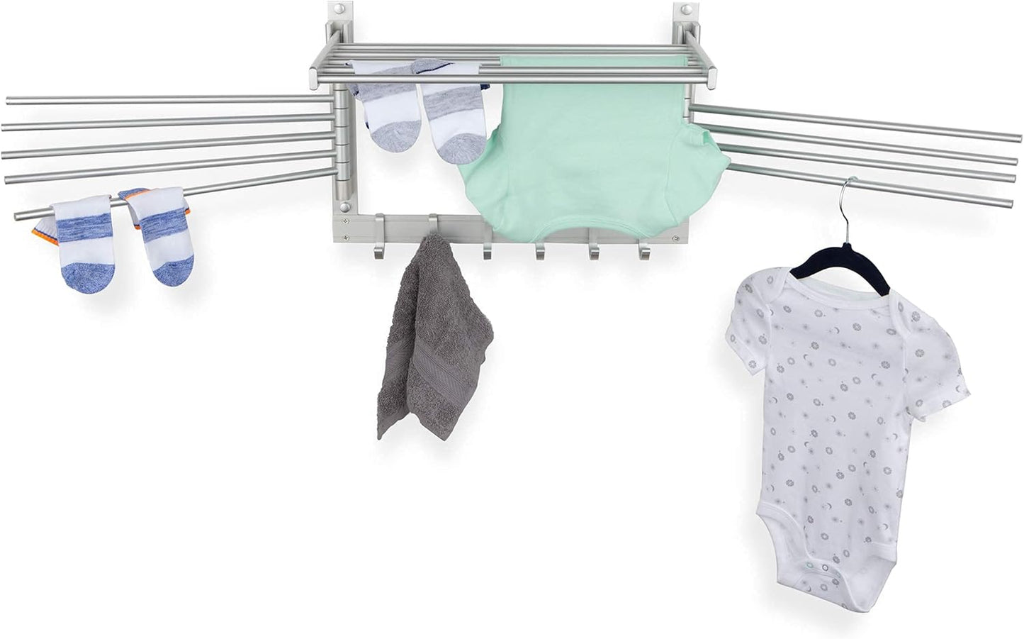 brightmaison BGT Wash Clothes Drying Rack Wall Mount Laundry Room Organizer with Hooks & Swing Arms, 17" Metal Laundry Rack Silver