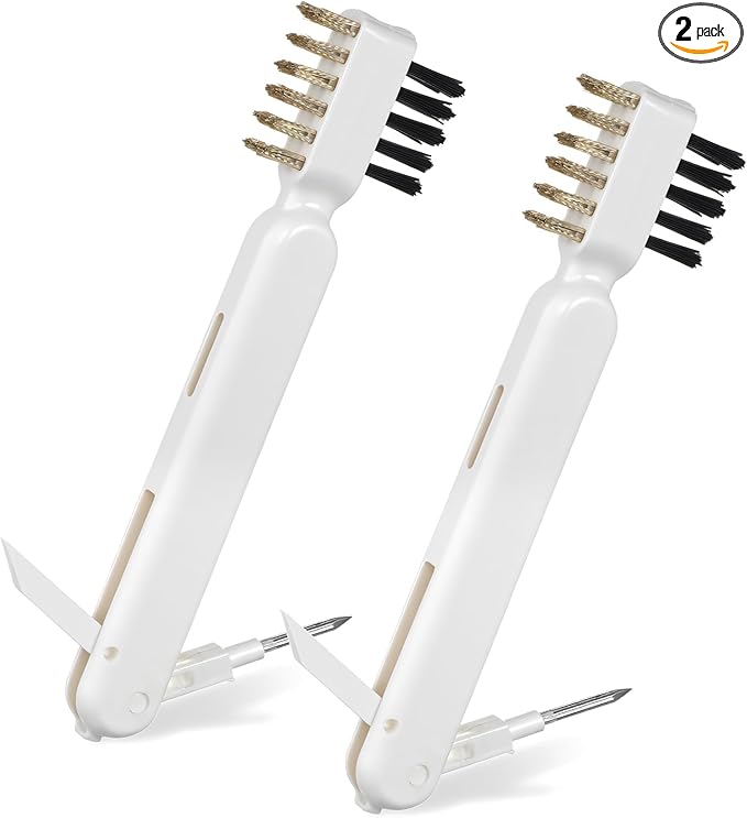 2 PCS Stove Brush, Kitchen Cleaning Scrub Brush, 4-in-1 Gas Stove Brass Wire Brushes with Stiff Bristles Cooktop Scraper Scrubber for Range Hood Grease Grime Rust Cleaner Pot Pan Household Tool