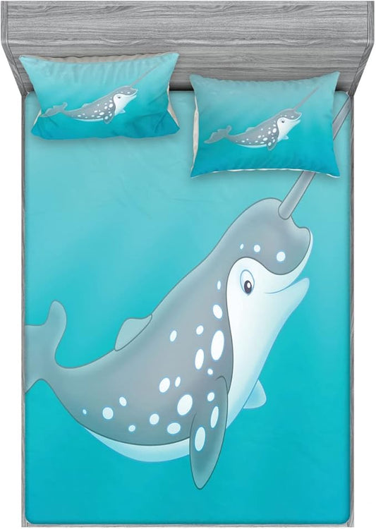 Ambesonne Narwhal 2 Pack Fitted Sheet & Pillow Sham Set, Cartoon Mammal Drawing, 4 Pcs Bedding Decor, Package Contains 2 Queen Size Fitted Sheets & 4 Pillow Covers, Seafoam Grey White