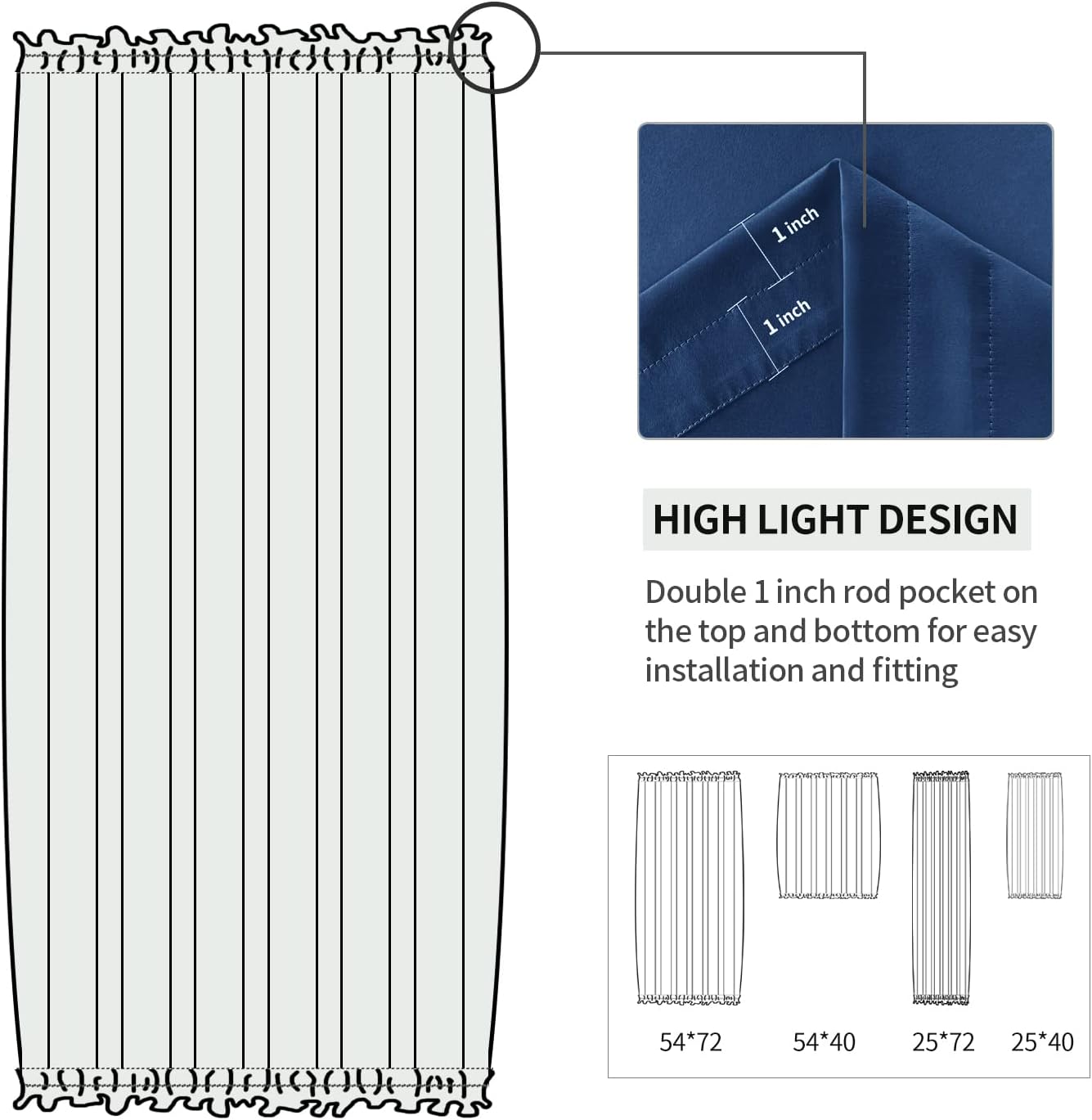 DWCN French Door Curtains – Rod Pocket Thermal Blackout Curtain for Doors with Glass Window, Kitchen and Patio Doors for Privacy, 25 X 72 Inches Long, 1 Curtain Panel with Tieback, Classic Blue