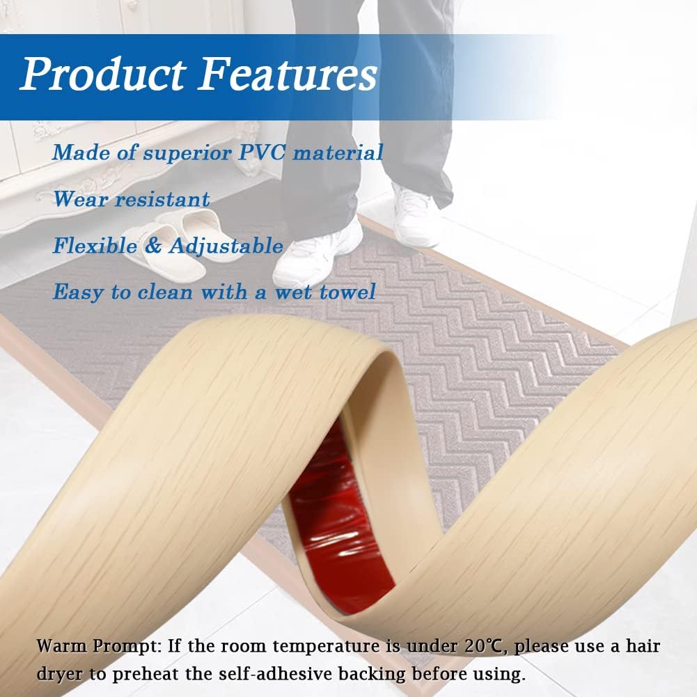 Floor Transition Strip Self Adhesive Carpet & Flooring Transitions Edging Trim Strip PVC Threshold Transitions Suitable for Threshold Height Less Than 5mm (20Ft, Wood Grain Beige-New)