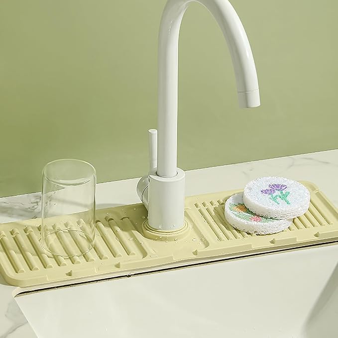 Faucet Mat for Kitchen Sink - 2024 Premium Upgrade: Enhanced Silicone Splash Guard with Rapid Drying & Dish Soap Sponge Holder, Perfect for Stone Sinks in Kitchen & Bathroom (Yellow, 1 Pack)