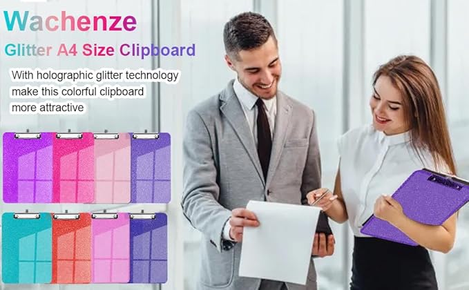 Sparkly Clipboard with Pen Holder, Clear Plastic Glitter Clip Board, Hanging Shiny Clipboards with Low Profile Metal Clip, Letter A4 Size for Taecher Women Office School (Clear Purple)
