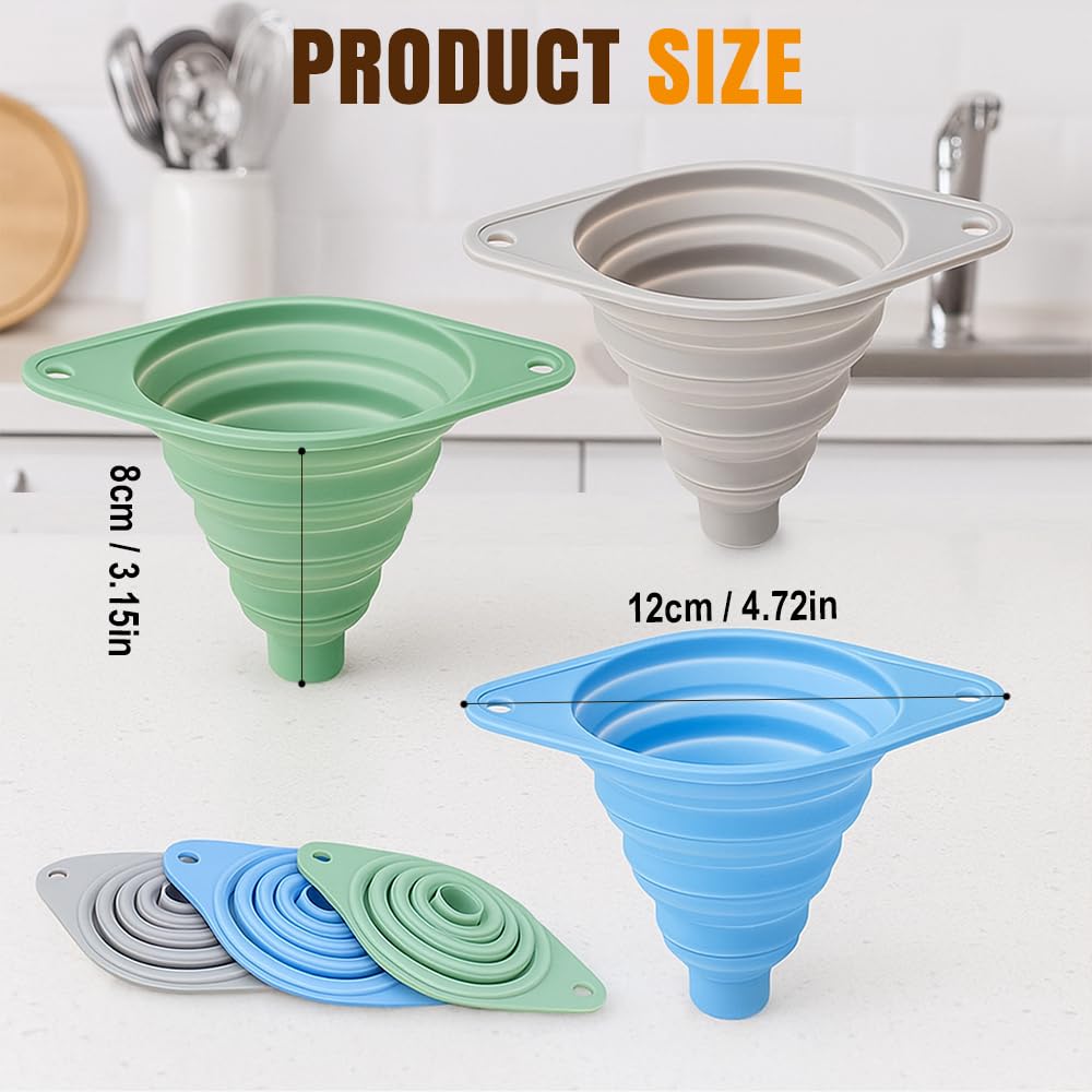 Kitchen Funnel Set 3 Pack, Collapsible Silicone Funnels for Filling Water Bottles & Small Bottles | Food-Grade, Easy Clean & Space-Saving (Gray)