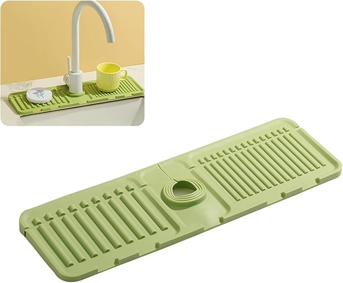Faucet Mat for Kitchen Sink - 2024 Premium Upgrade: Enhanced Silicone Splash Guard with Rapid Drying & Dish Soap Sponge Holder, Perfect for Stone Sinks in Kitchen & Bathroom (Green, 2 Pack)