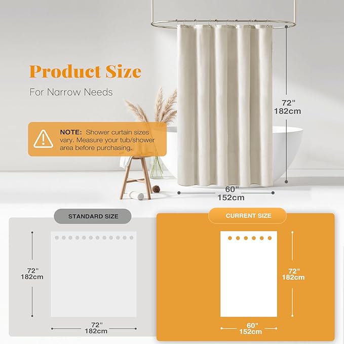 BTTN 60 Inch Stall Fabric Shower Curtain - Linen Textured Heavy Duty Shower Curtain Set with 10 Plastic Hooks, Narrow Waterproof Decorative Bath Curtains for Bathroom and Bathtubs - 60x72, Light Cream