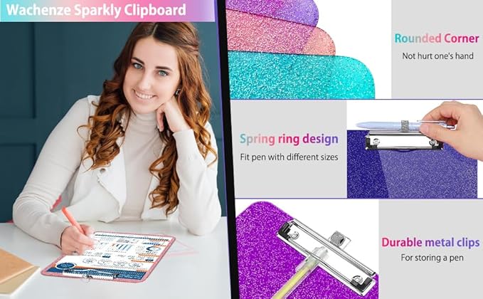 Sparkly Clipboard with Pen Holder Clear Plastic Glitter Clip Board Hanging Shiny Clipboards with Low Profile Metal Clip Letter A4 Size for Taecher Women Office School (Clear Green)