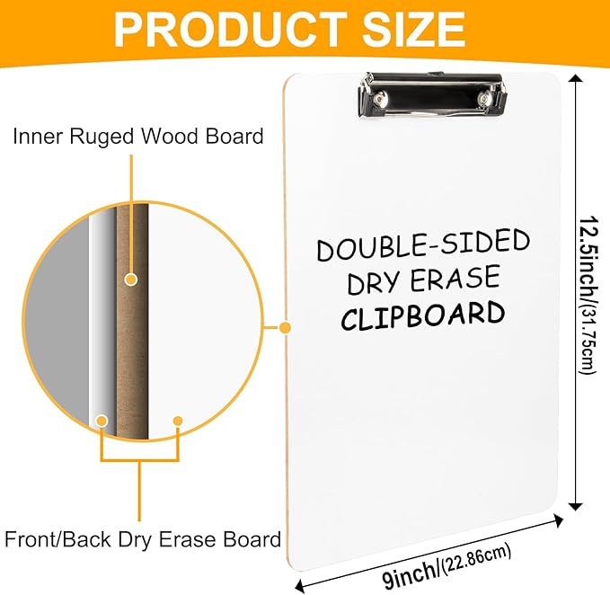 Dry Erase Wood Clipboard 2 Pack, Hardboard Clip Board 8.5x11 for Classroom, Students, Kid, Size 9" x 12.5", Double-Sided White Board, with Low Profile Clip, Office & School Supply