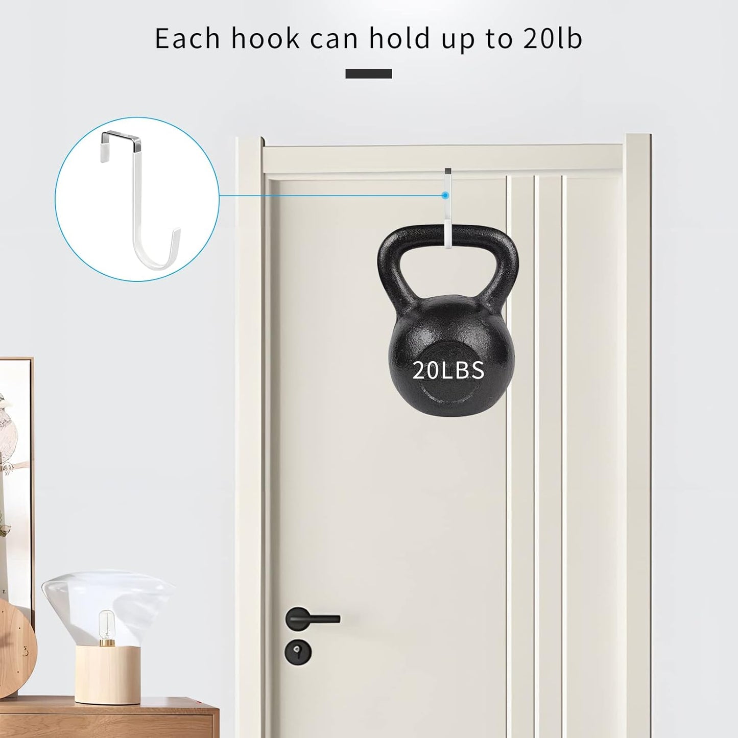 FYY Over The Door Hooks, 4 Pack Hangers Hooks with Rubber Prevent Scratches Heavy Duty Organizer for Living Room, Bathroom, Bedroom, Kitchen Hanging Clothes, Towels, Hats, Coats, Bags White