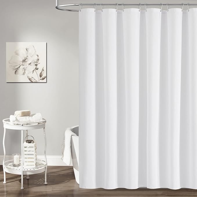 BTTN White Fabric Shower Curtain - Linen Textured Heavy Duty Waterproof Cloth Shower Curtain Set with 12 Plastic Hooks, Hotel Luxury Weighted Polyester Decorative Bath Curtains for Bathroom - 72"x72"