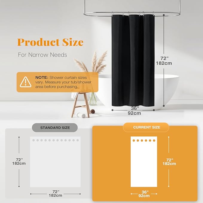 BTTN Stall Fabric Shower Curtain - 36x72 Inch Narrow Linen Textured Weighed Cloth Shower Curtain Set with 6 Plastic Hooks, Small Hotel Spa Luxury Neutral Decorative Bath Curtains for Bathroom - Black
