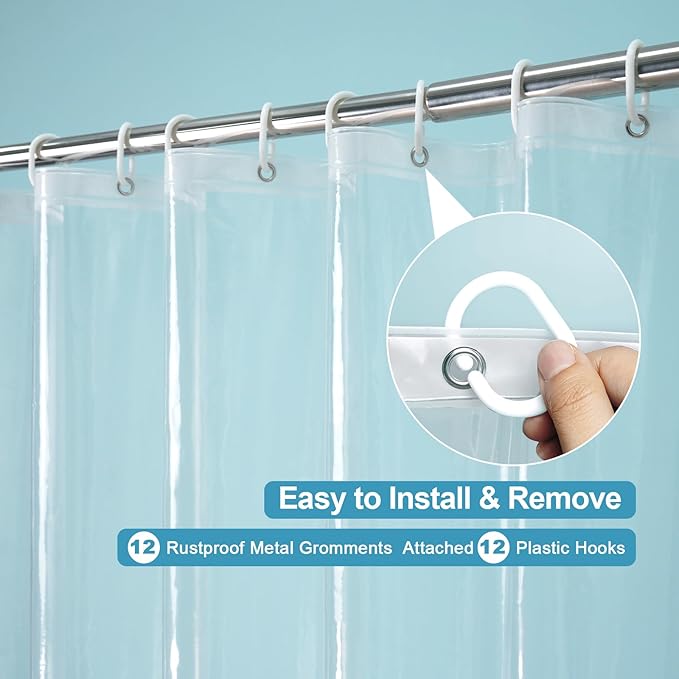 EurCross 9G Clear Shower Curtain Liner 72 x 78 inches Long with 5 Magnet Weights, Heavy Duty Weighted Premium PEVA Plastic Shower Curtain Liner with 12 Hooks for Bathroom