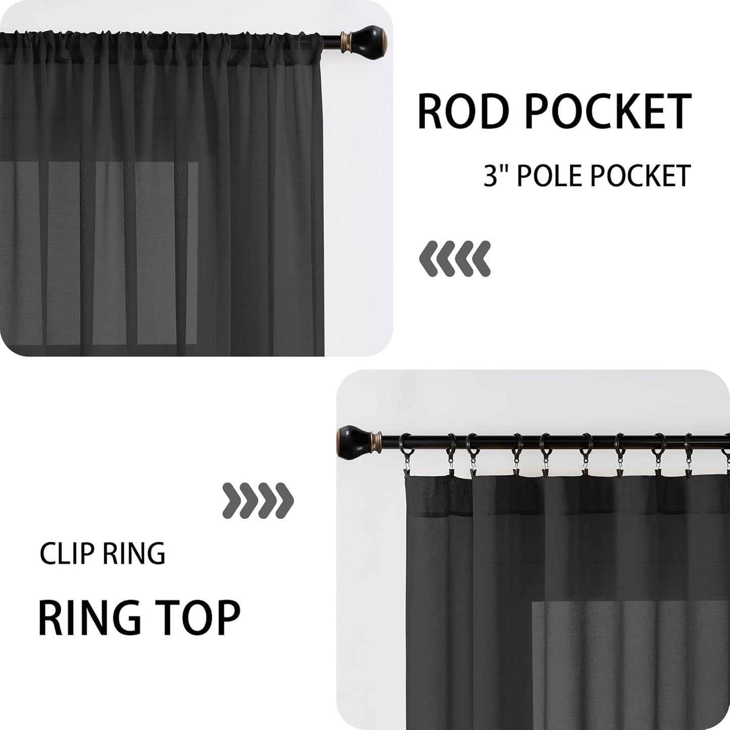 Tollpiz Sheer Door Curtain Closet Linen Textured Curtains Sheer Doorway Light Filtering Voile Patio Glass Door Rod Pocket Curtain French Door, 54 x 72 inches Long, Black, Set of 1 Panel