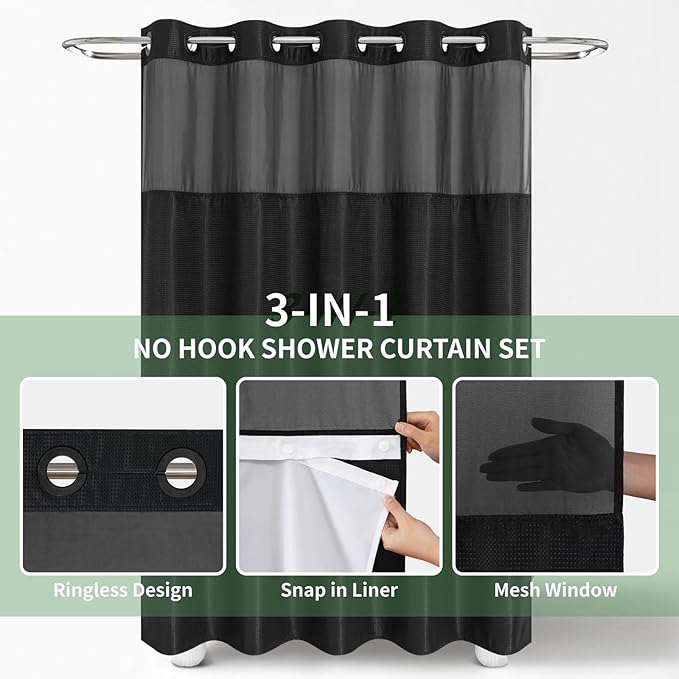 Black No Hook Shower Curtain with Snap-in Fabric Liner Set,Waffle Weave Shower Curtains for Bathroom,Hotel Luxury Decor Bathroom Curtain Set,Waterproof & Washable,71Wx74H