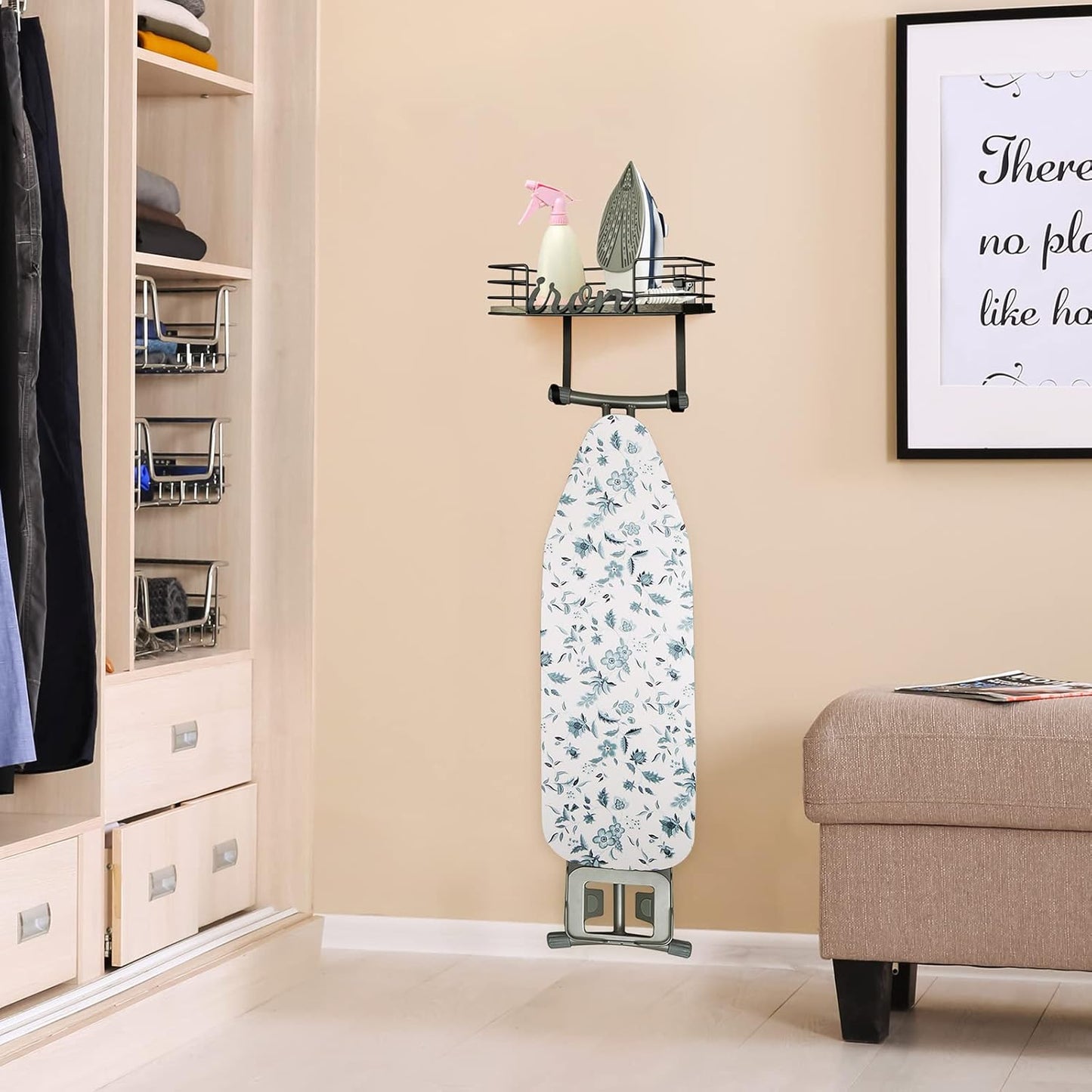 TJ.MOREE Ironing Board Hanger Wall Mount - Laundry Room Iron and Ironing Board Holder, Metal Wall Mount with Large Storage Black Wooden Base Basket and Removable Hook(Black)
