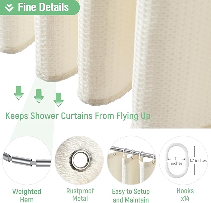 Dynamene Extra Wide Shower Curtain - 84 Inch Wide Waffle Weave Weighted Thick Cloth Bathroom Shower Curtain, Neutral Heavy Duty Hotel Bath Curtain Set with 14 Plastic Hooks, 84x72, Cream/Ivory