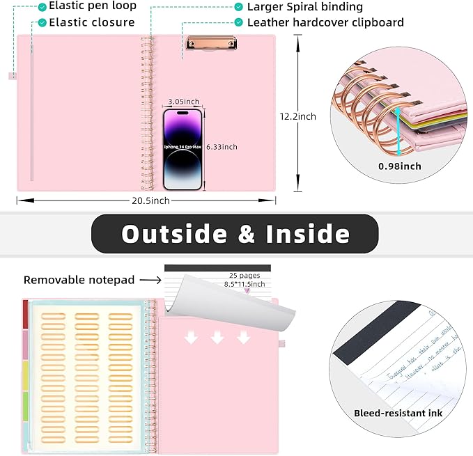 Ospelelf Leather Clipboard Folio with Notepad for Letter Size, Spiral Clipboard Folder with Storage Zipper Pouch, 5 Folders with 10 Pockets, 39 Divider Label Stickers, Pen Loop Series (Pink)