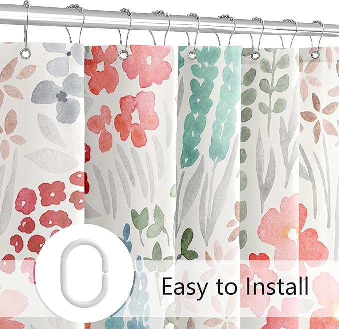 Extra Long Shower Curtain 72 x 84 Inch, Tall Cute Floral Shower Curtain for Bathroom, Retro Red Teal Wildflower Boho Cottagecore Fabric Shower Curtain Set with Hooks