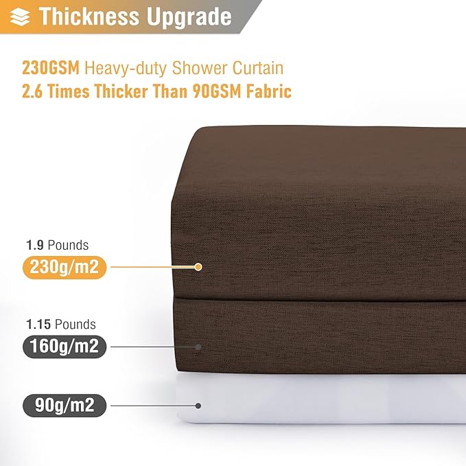 BTTN Brown Shower Curtain - Linen Textured Heavy Duty Waterproof Cloth Shower Curtain Set with 12 Plastic Hooks, Hotel Spa Luxury Simple Decorative Thick Fabric Shower Curtains for Bathroom - 72x72
